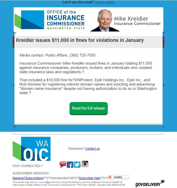 Screenshot of the email generated on import