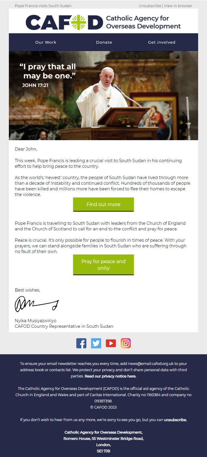 Screenshot of the email generated on import