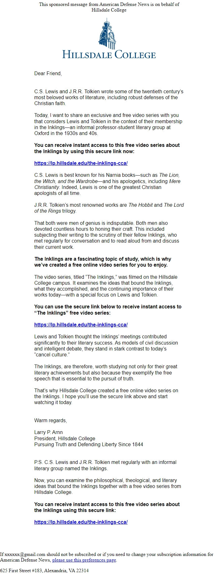 Screenshot of the email generated on import