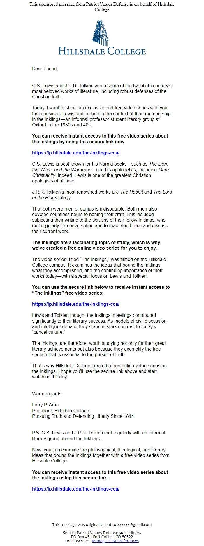 Screenshot of the email generated on import
