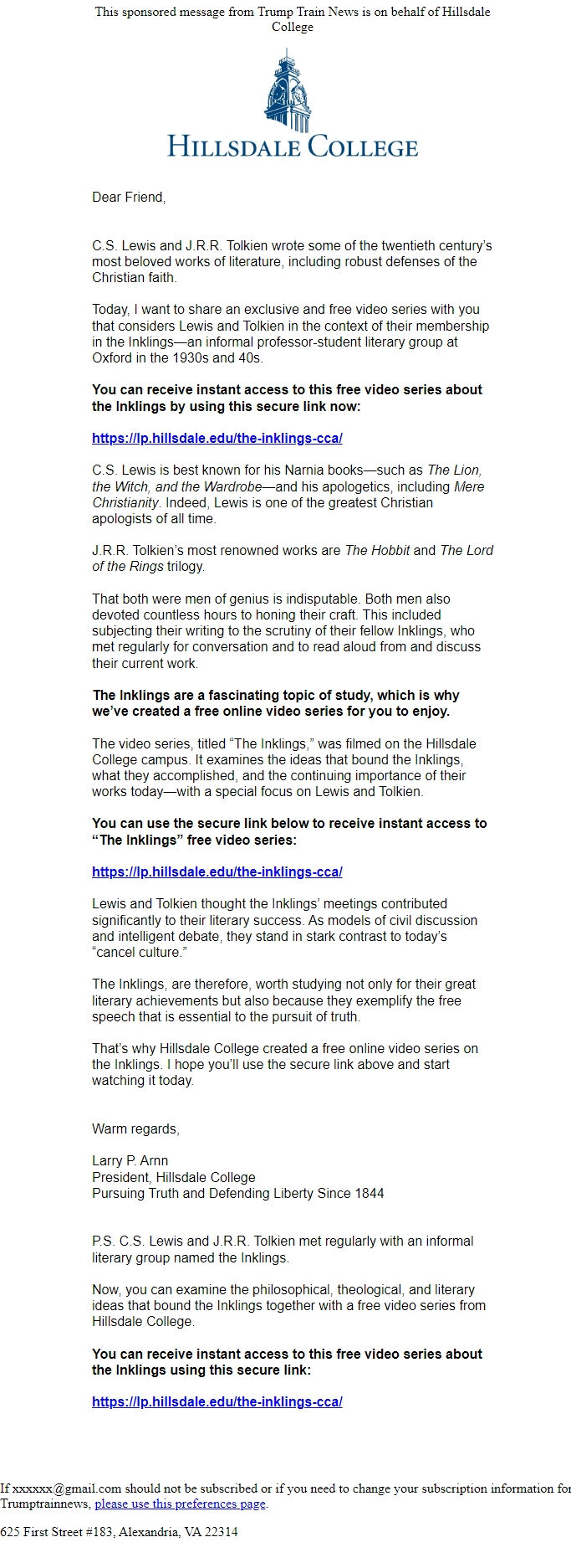 Screenshot of the email generated on import