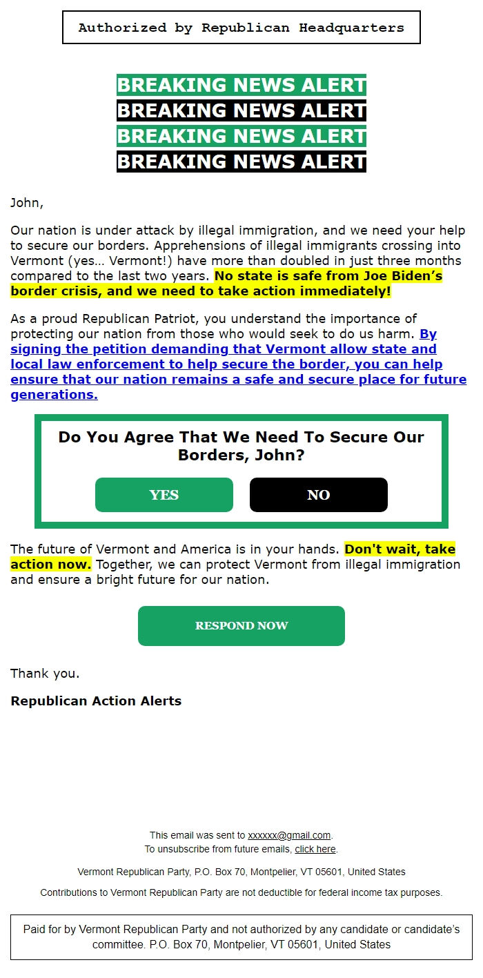 Screenshot of the email generated on import