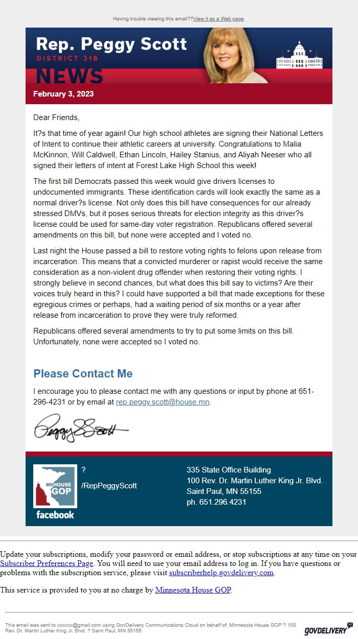 Screenshot of the email generated on import