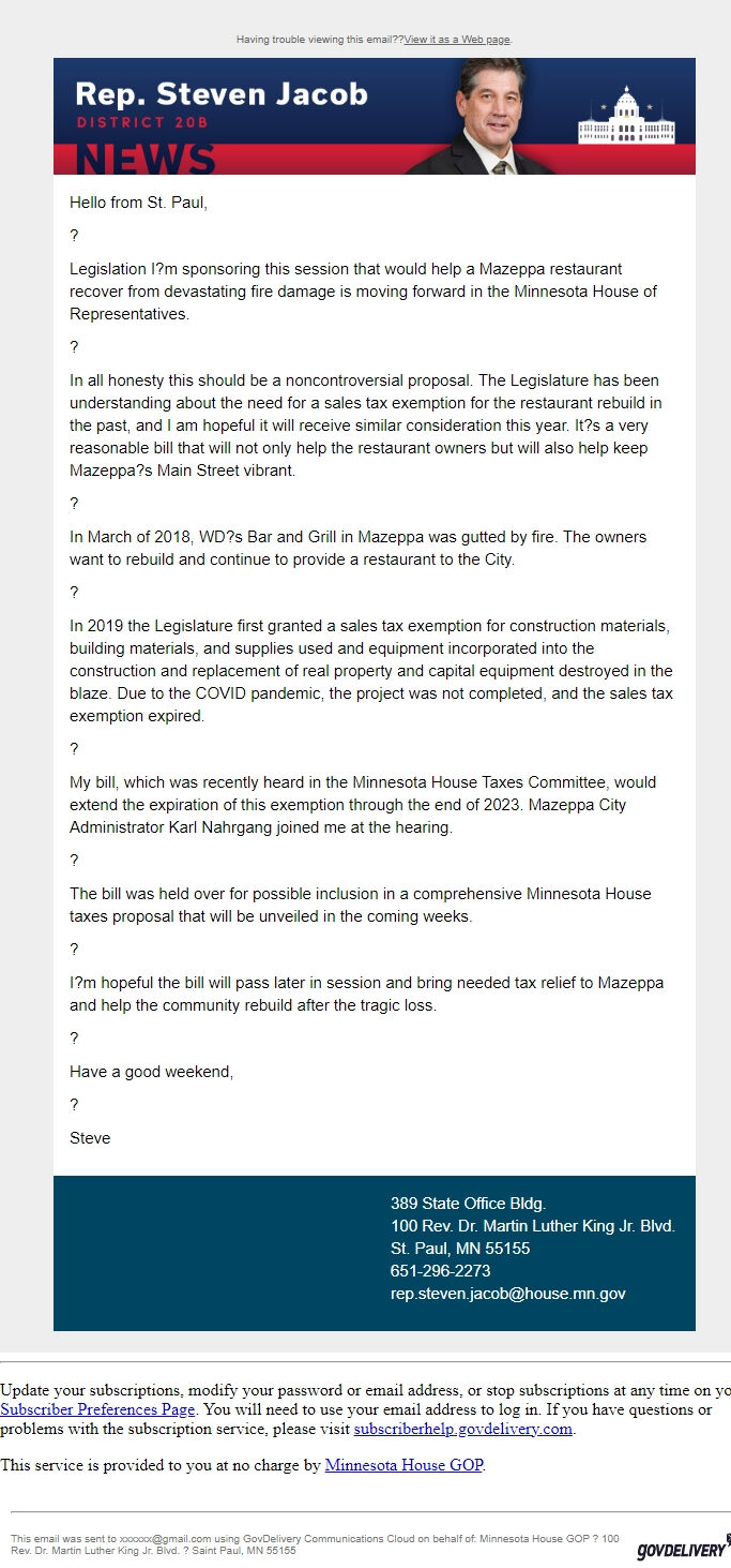 Screenshot of the email generated on import