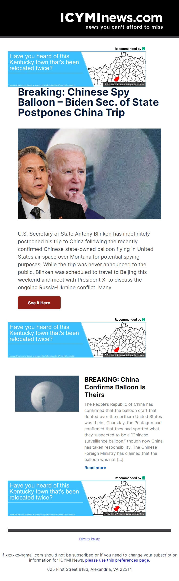 Screenshot of the email generated on import