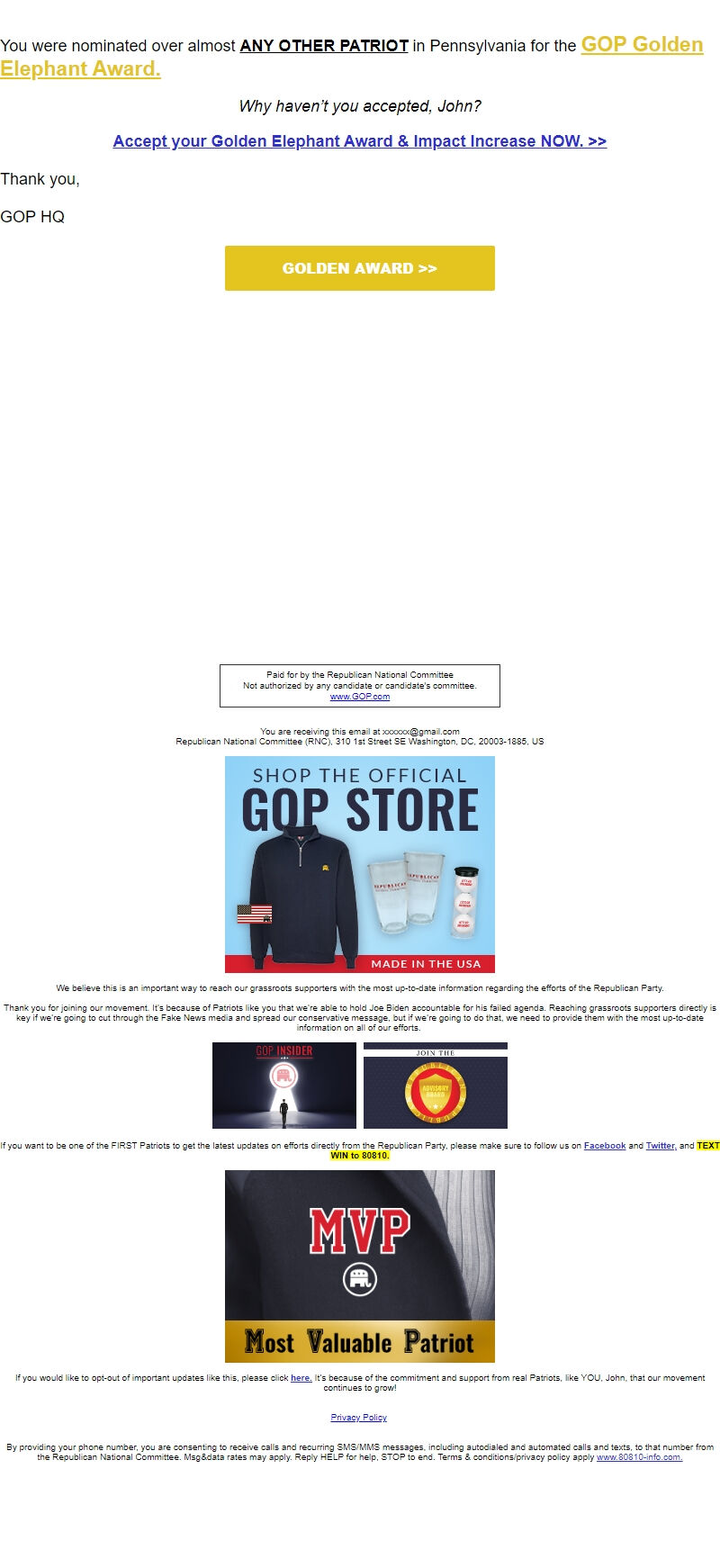 Screenshot of the email generated on import