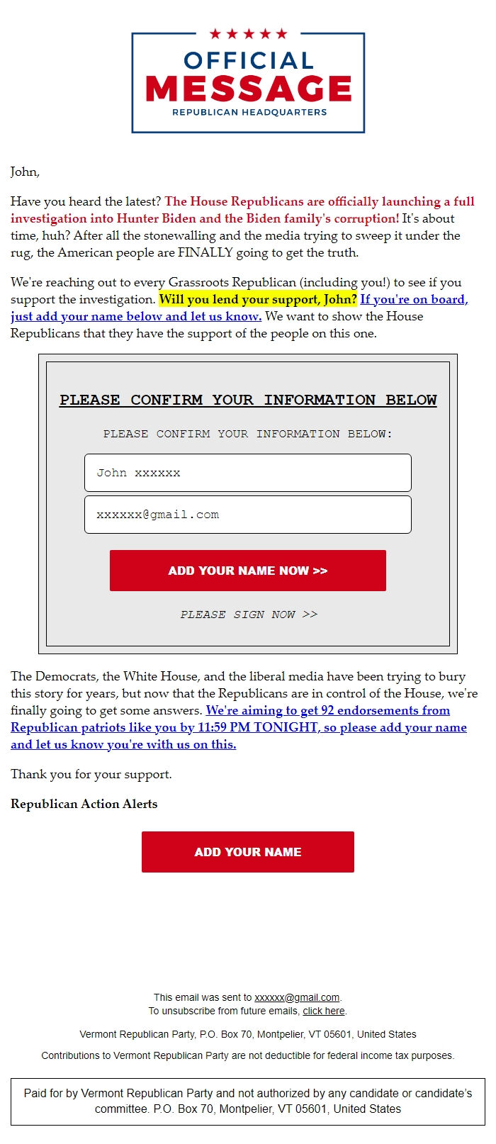Screenshot of the email generated on import