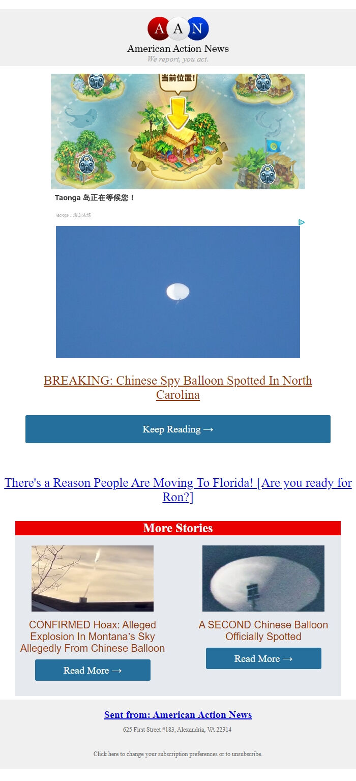 Screenshot of the email generated on import