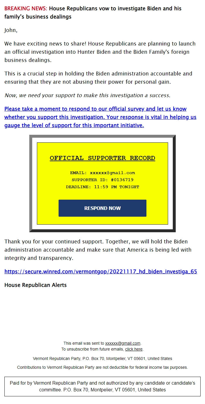 Screenshot of the email generated on import