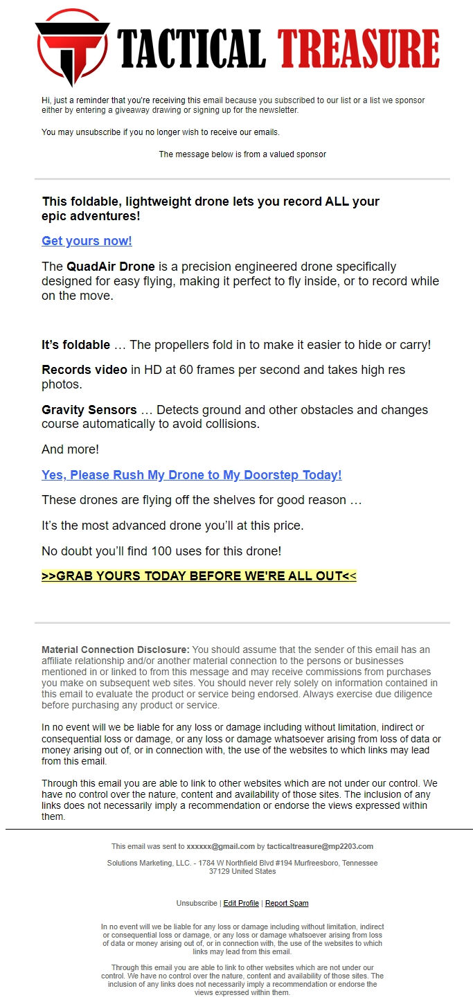 Screenshot of the email generated on import