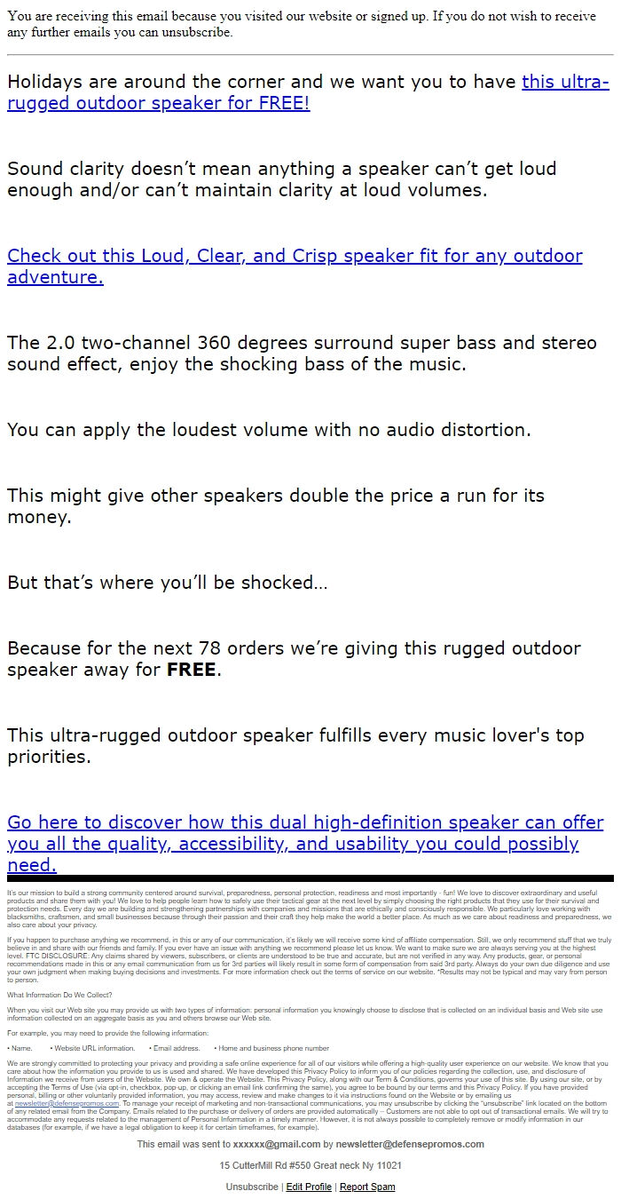 Screenshot of the email generated on import