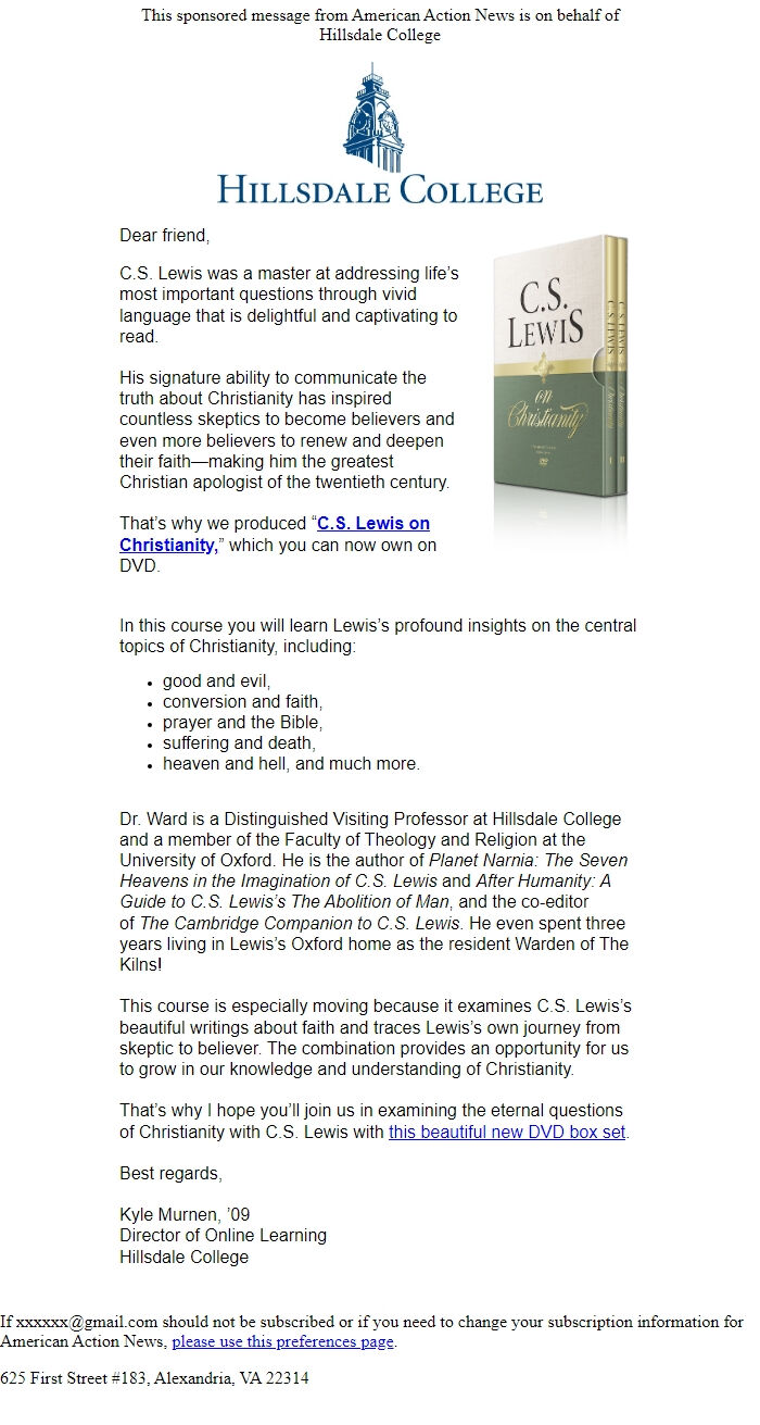 Screenshot of the email generated on import