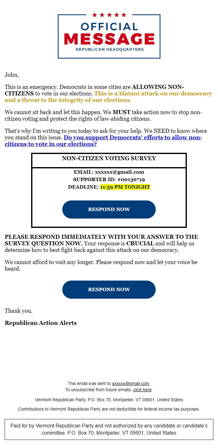 Screenshot of the email generated on import