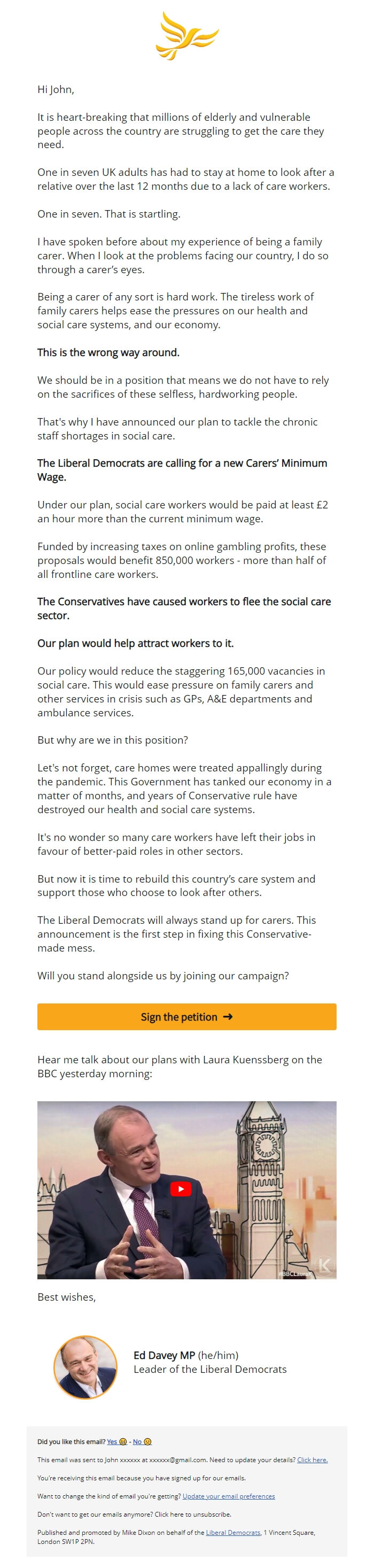 Screenshot of the email generated on import