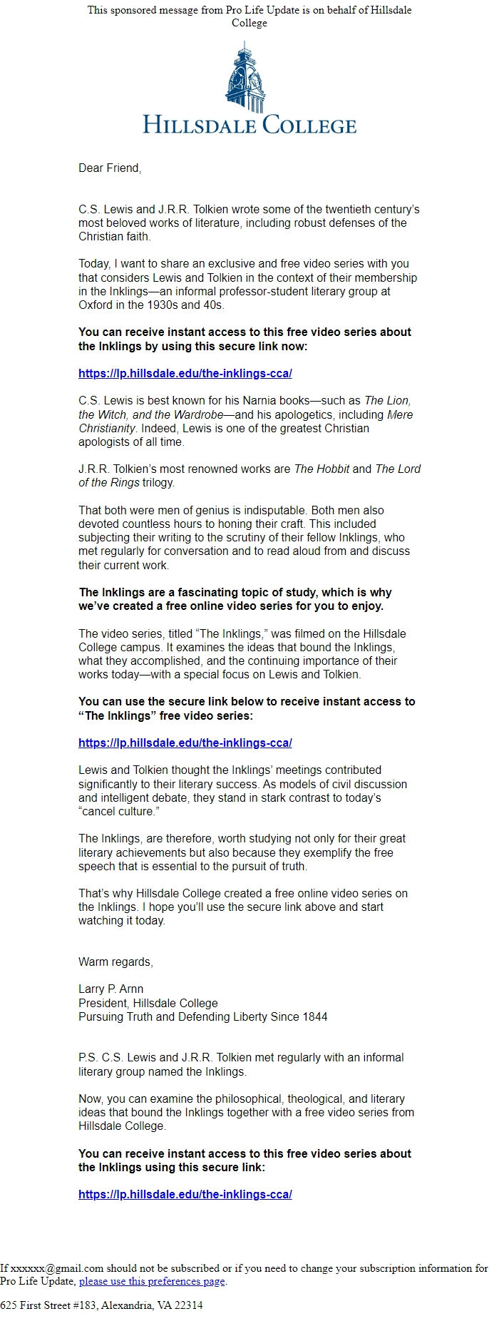 Screenshot of the email generated on import