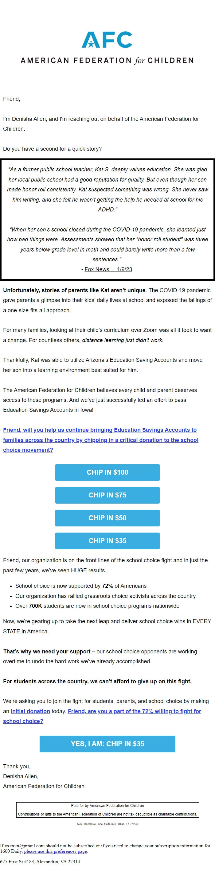 Screenshot of the email generated on import