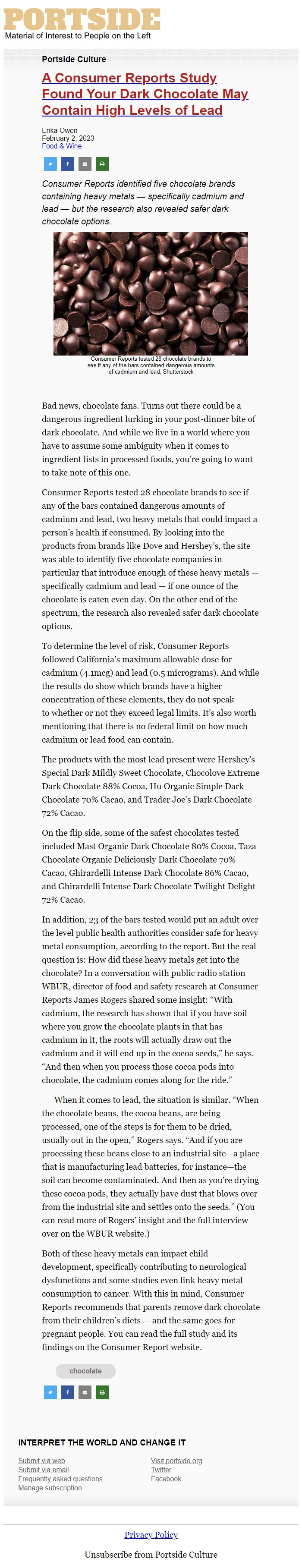 Screenshot of the email generated on import