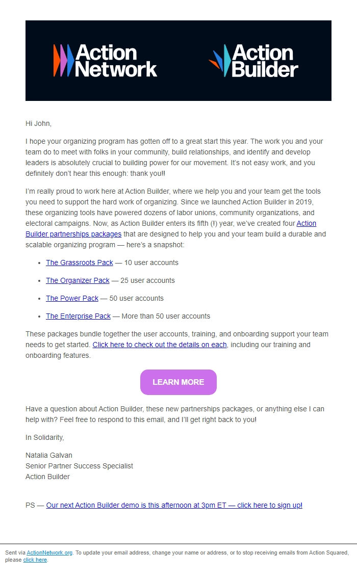 Screenshot of the email generated on import