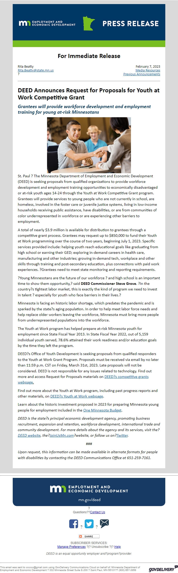 Screenshot of the email generated on import