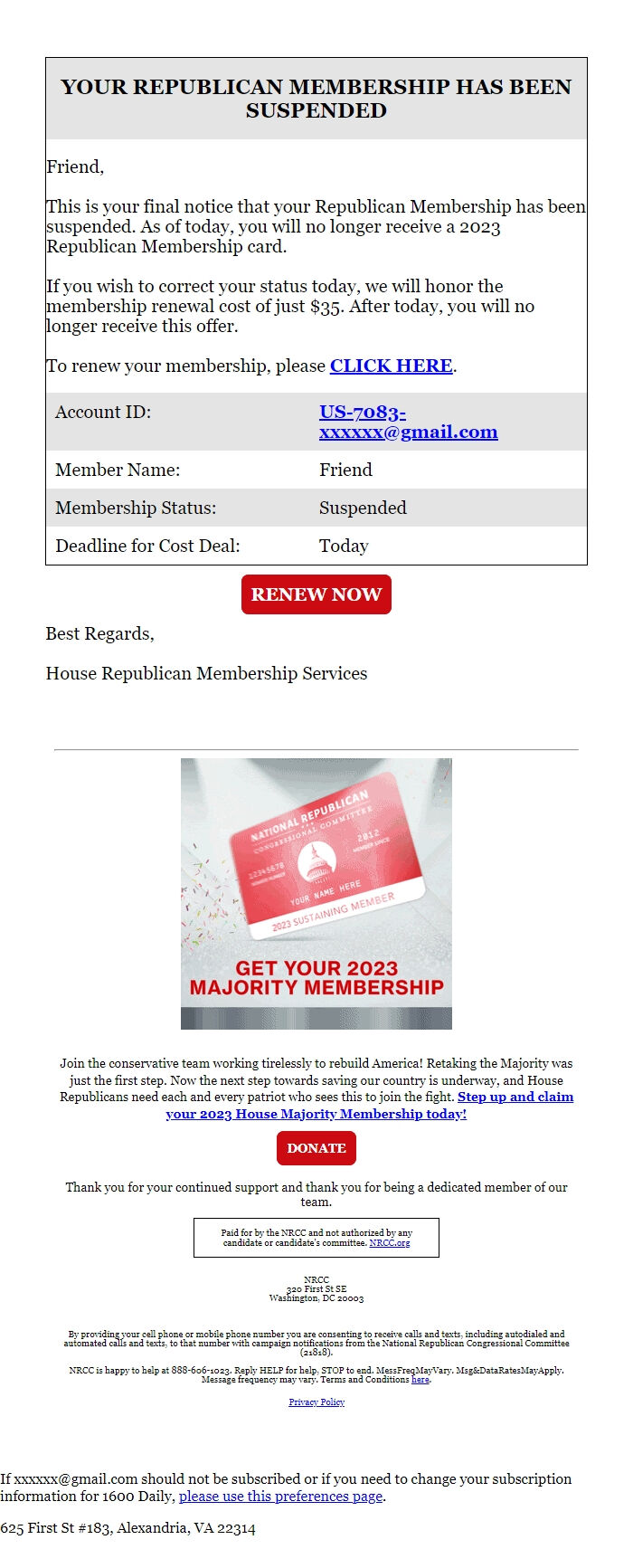 Screenshot of the email generated on import