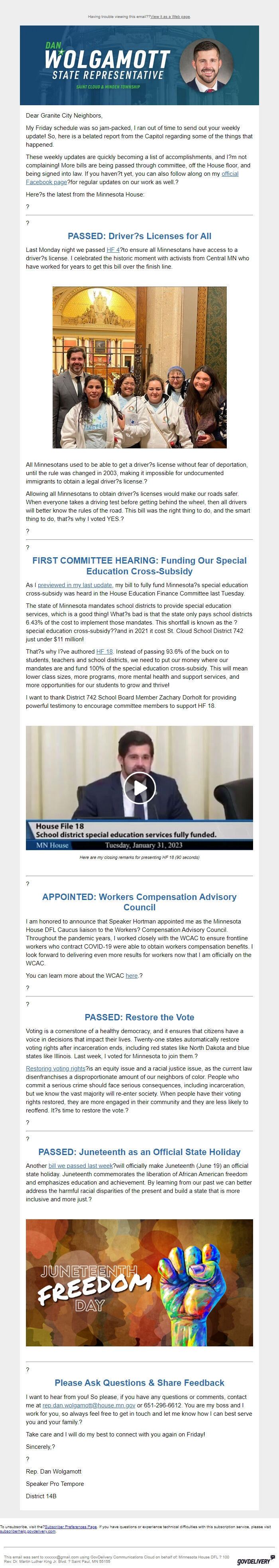 Screenshot of the email generated on import