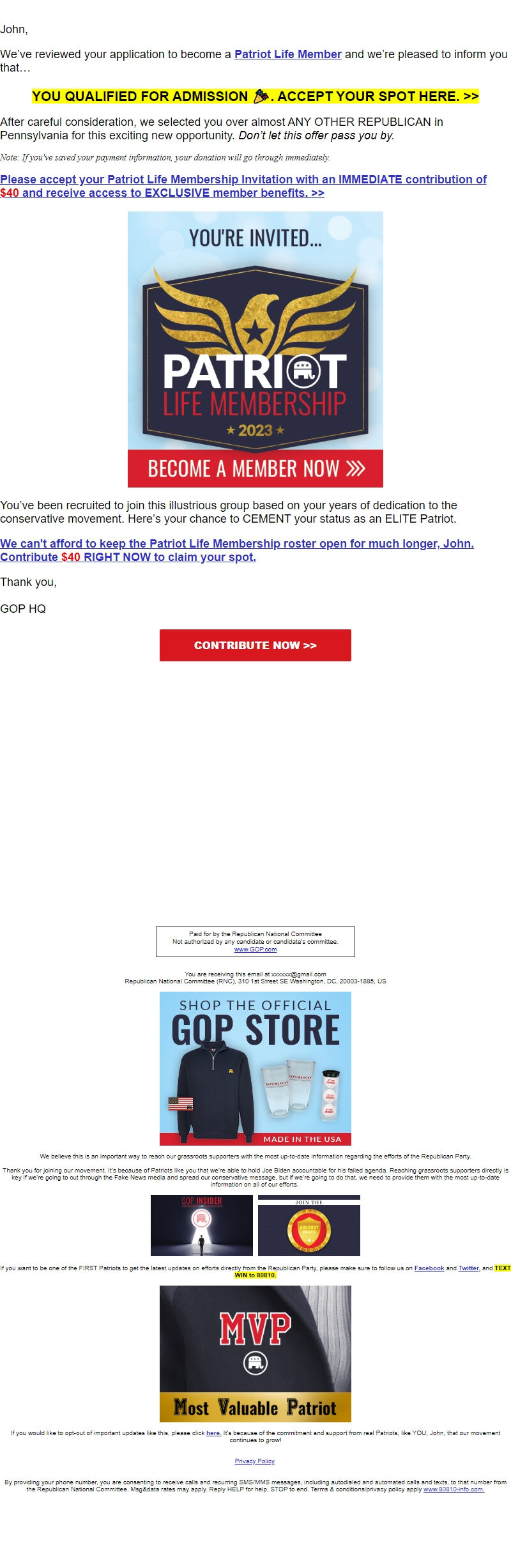 Screenshot of the email generated on import