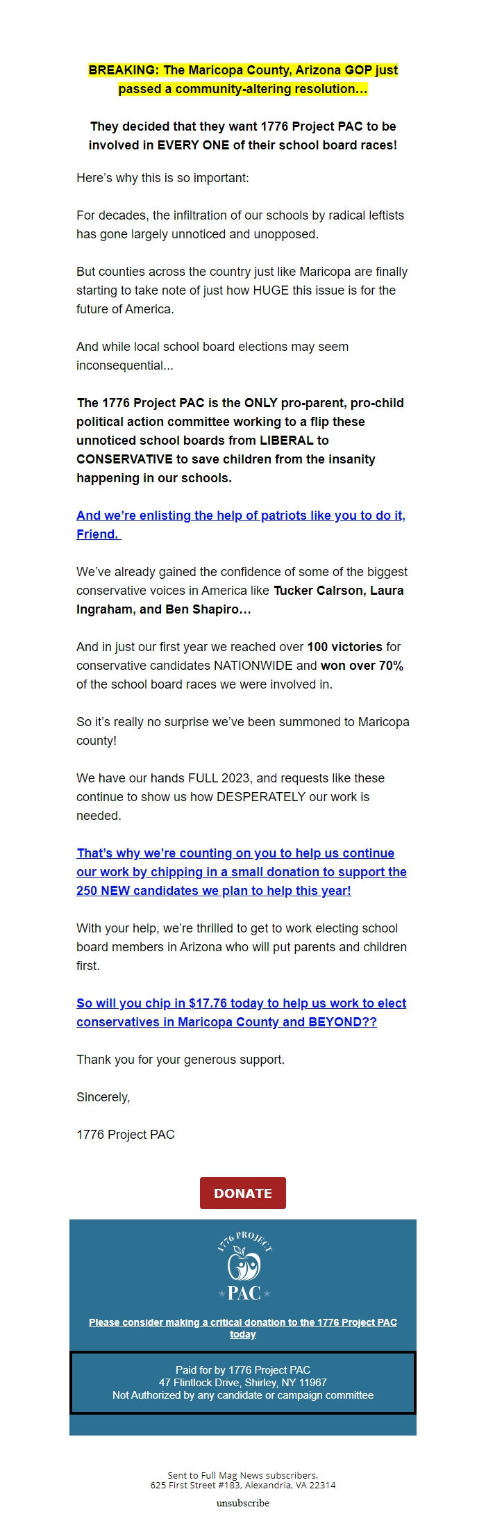 Screenshot of the email generated on import