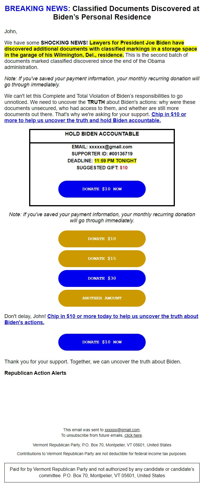 Screenshot of the email generated on import
