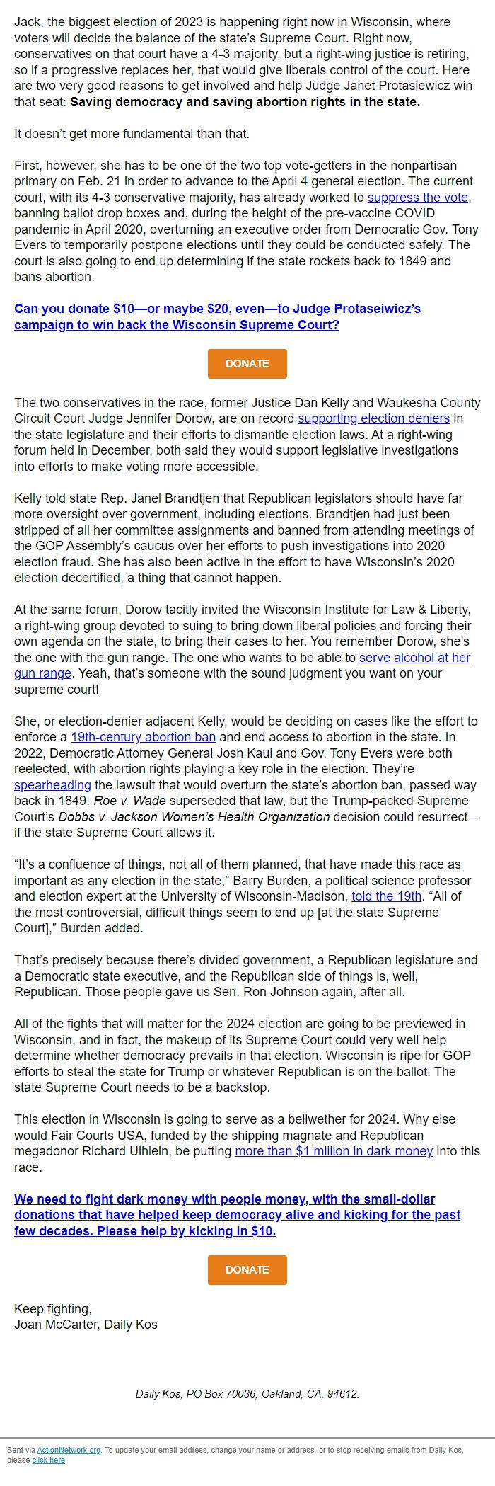 Screenshot of the email generated on import