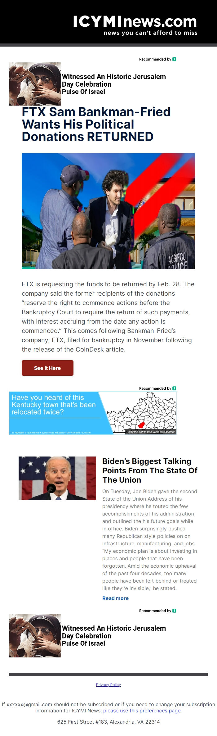 Screenshot of the email generated on import