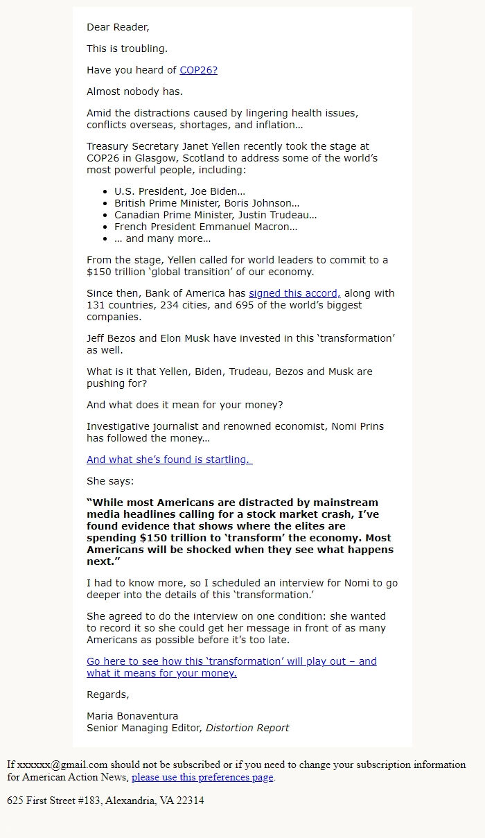 Screenshot of the email generated on import