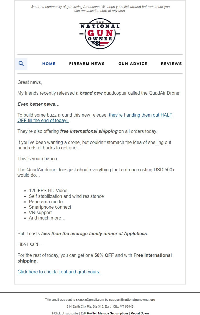 Screenshot of the email generated on import