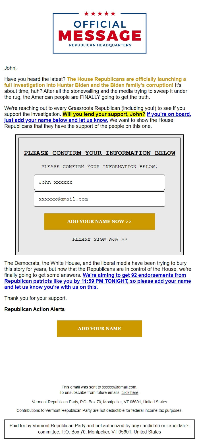Screenshot of the email generated on import