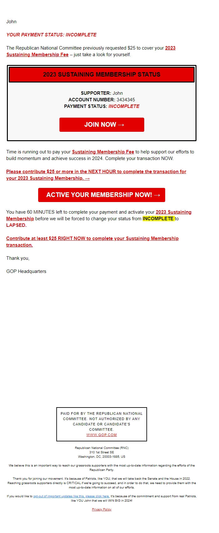 Screenshot of the email generated on import