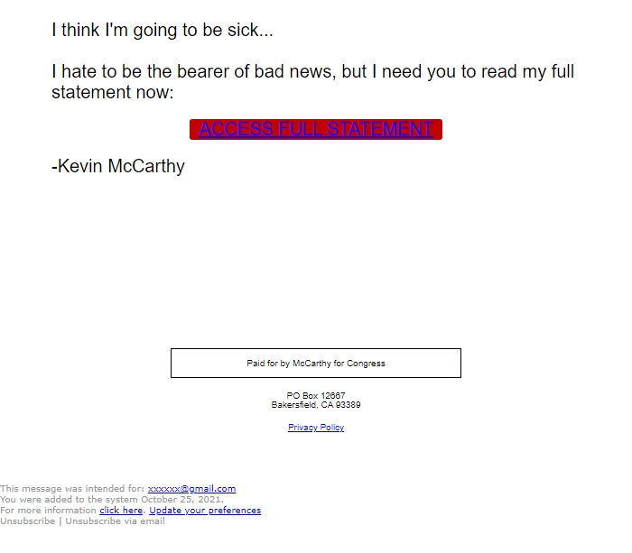 Screenshot of the email generated on import