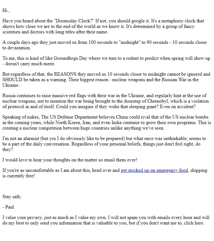 Screenshot of the email generated on import