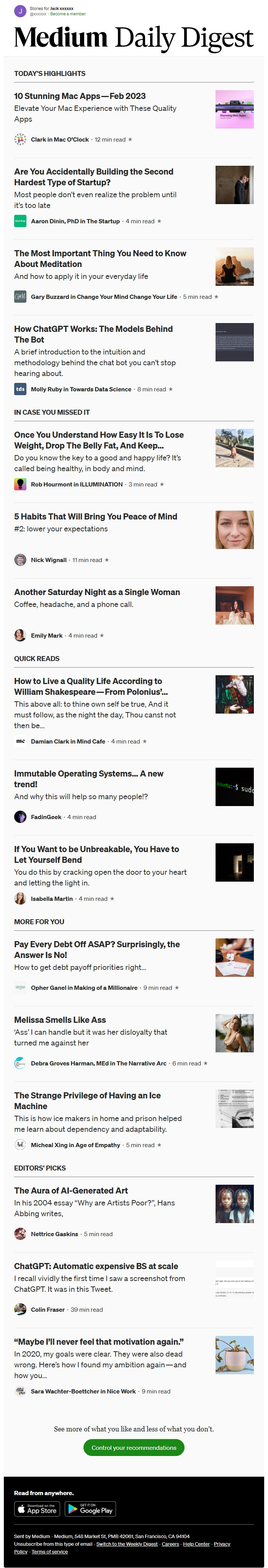 Screenshot of the email generated on import
