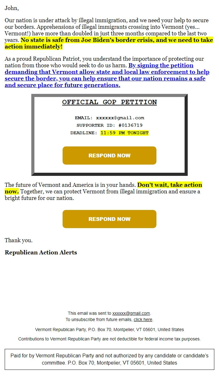 Screenshot of the email generated on import