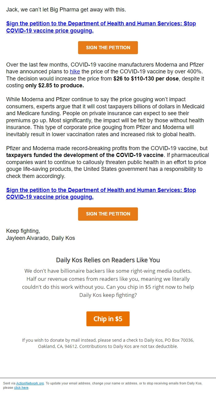 Screenshot of the email generated on import