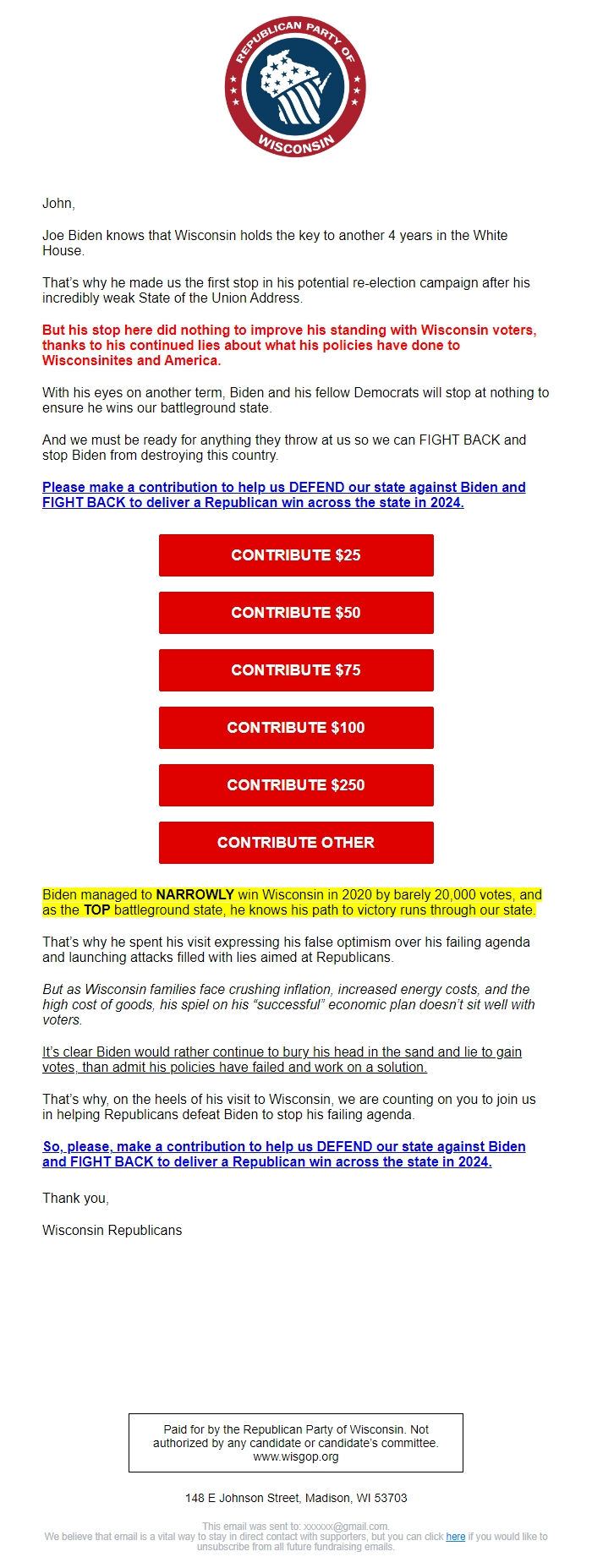 Screenshot of the email generated on import