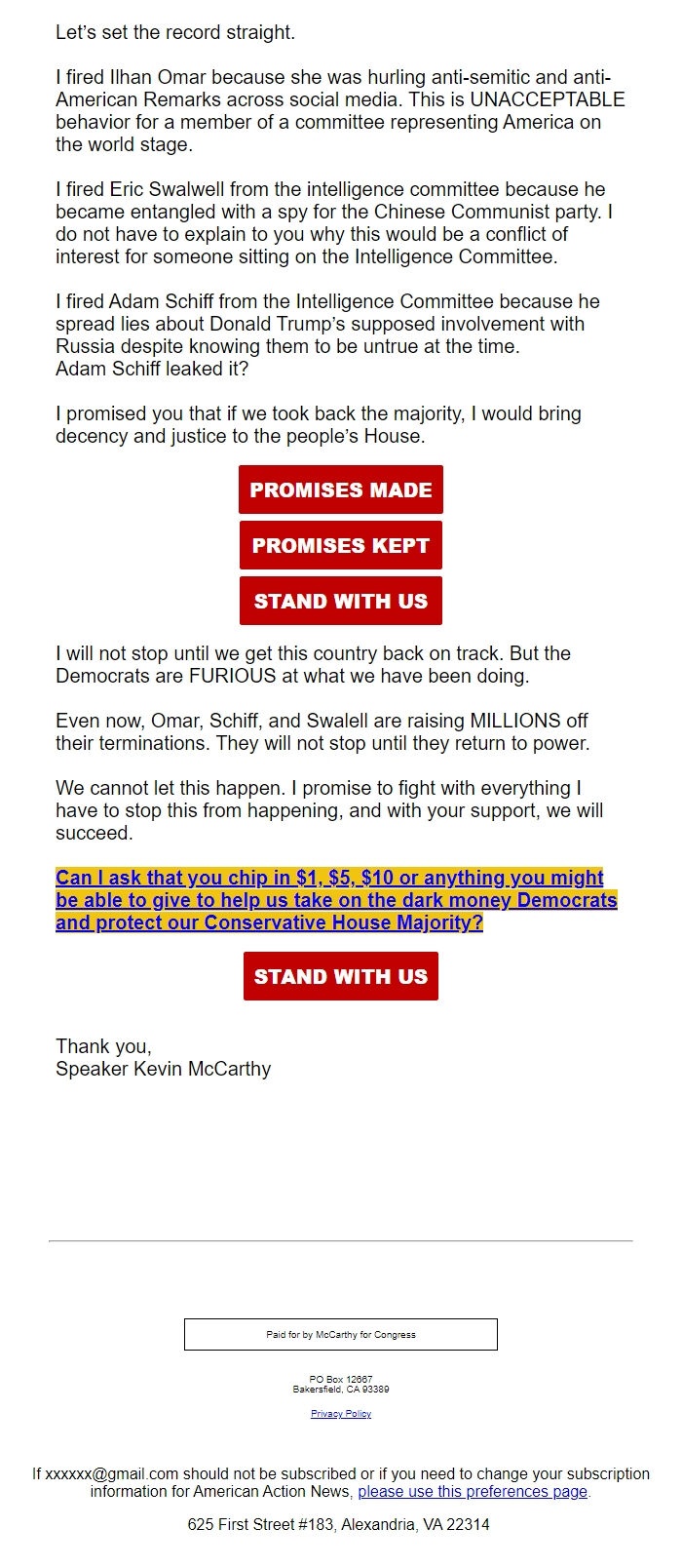 Screenshot of the email generated on import