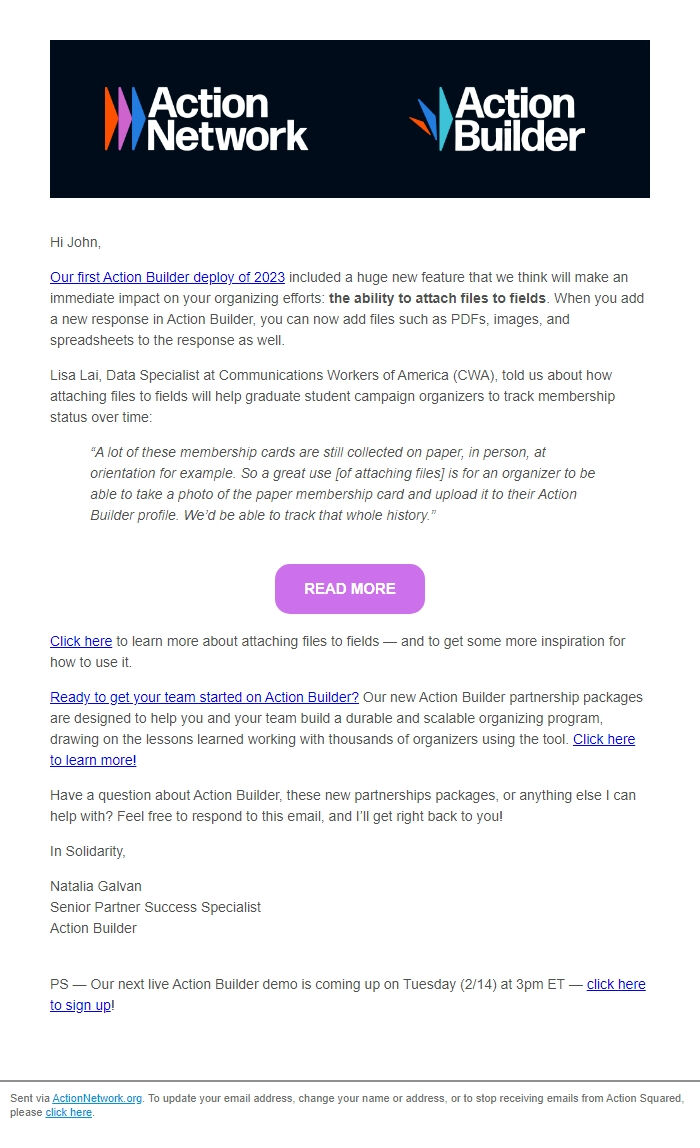 Screenshot of the email generated on import