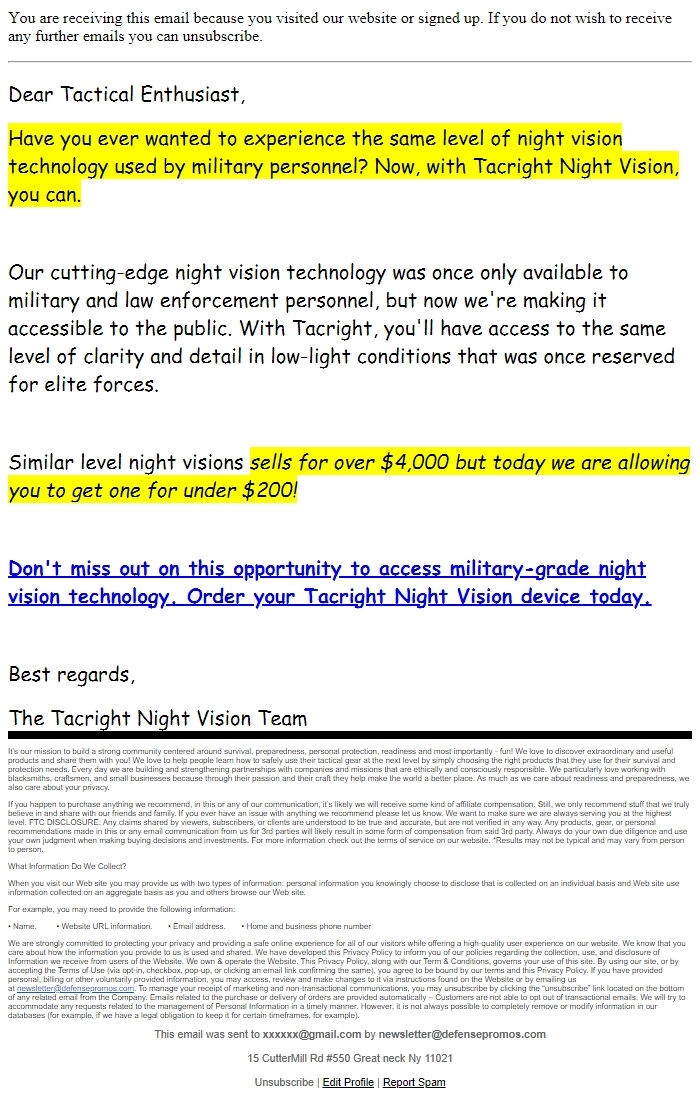 Screenshot of the email generated on import