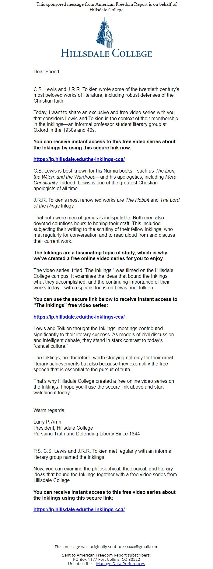 Screenshot of the email generated on import