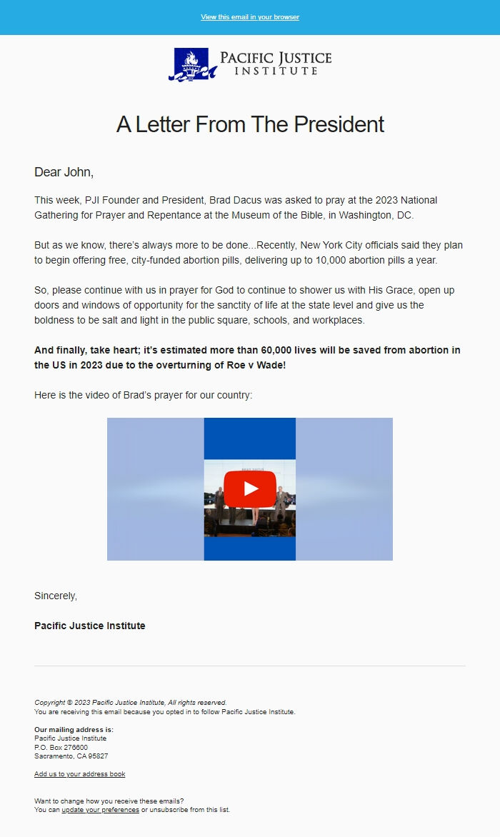 Screenshot of the email generated on import