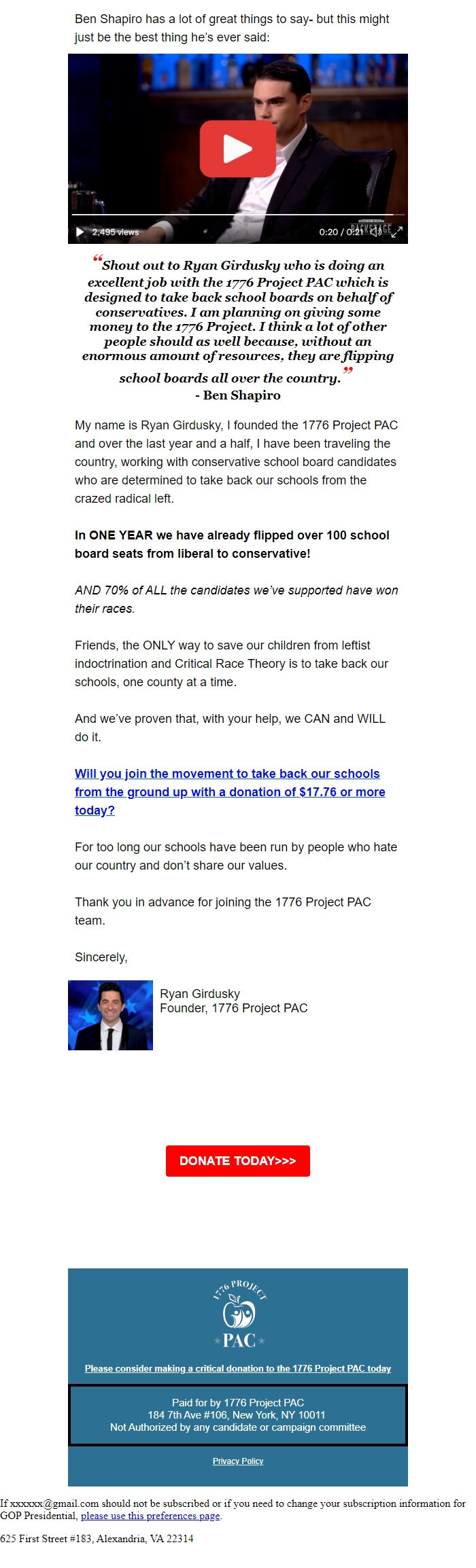 Screenshot of the email generated on import