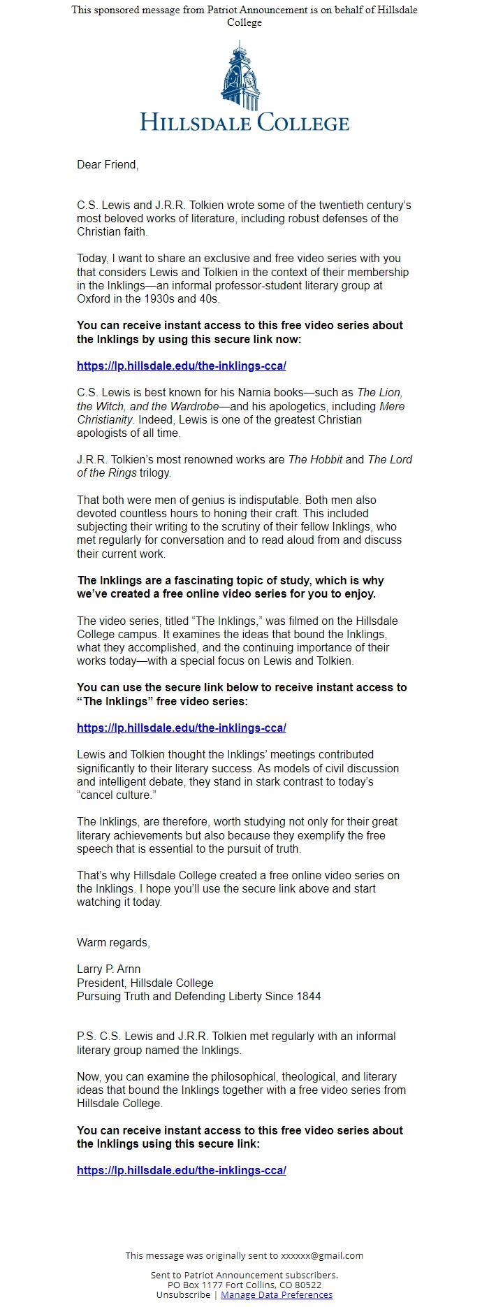 Screenshot of the email generated on import