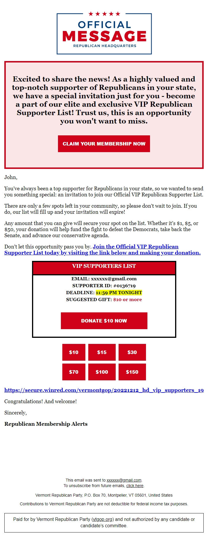 Screenshot of the email generated on import