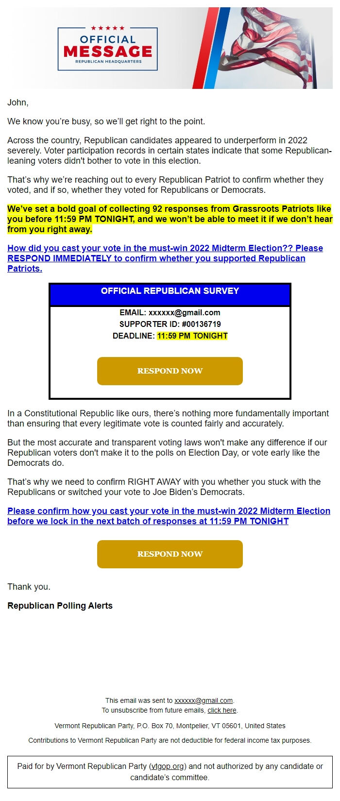 Screenshot of the email generated on import