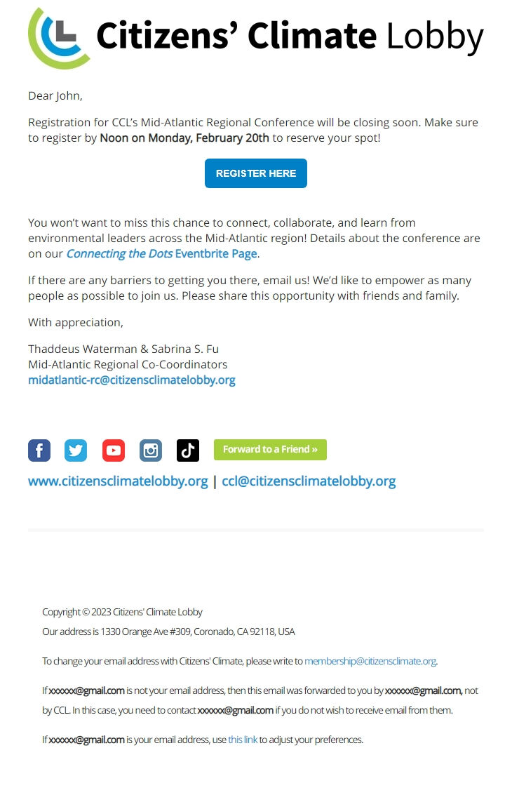 Screenshot of the email generated on import